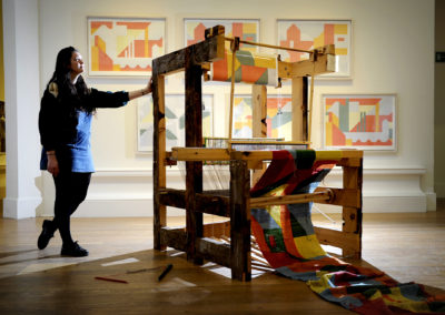 Glenfiddich Award winner Rhona Jack and her prizewinning working loom entry at the New Contemporaries art exhibition